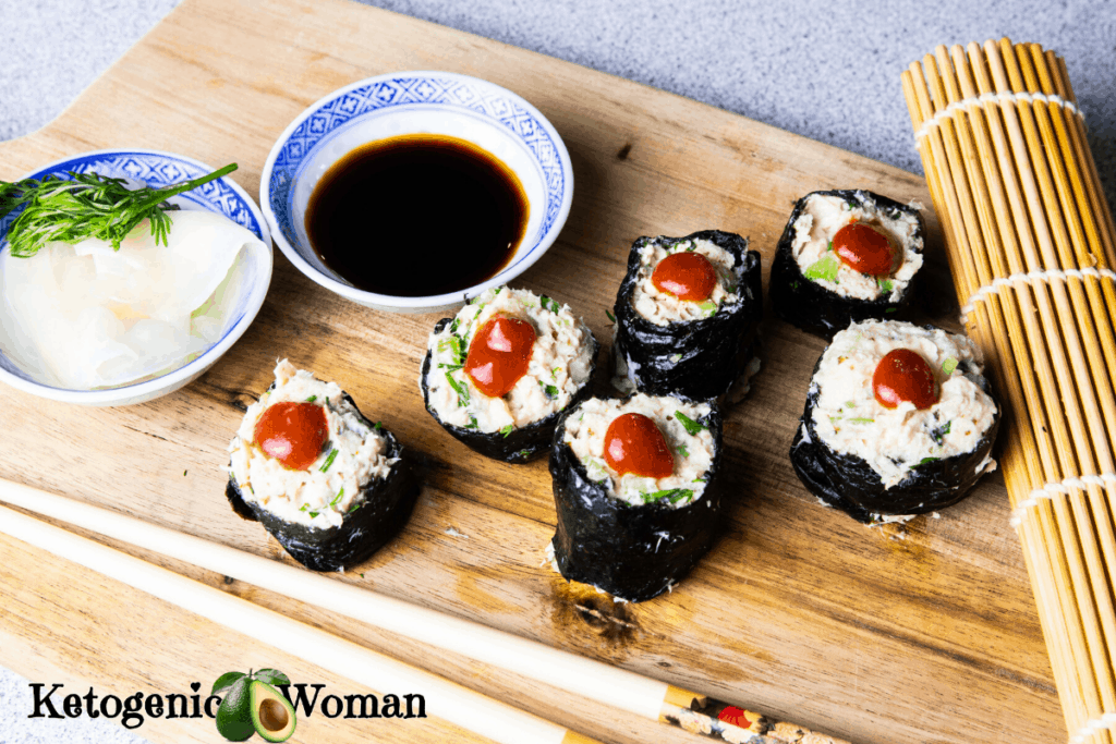 Spicy tuna rolls on wooden platter