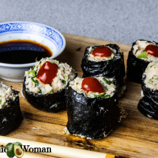 spicy tuna rolls closeup with soy sauce