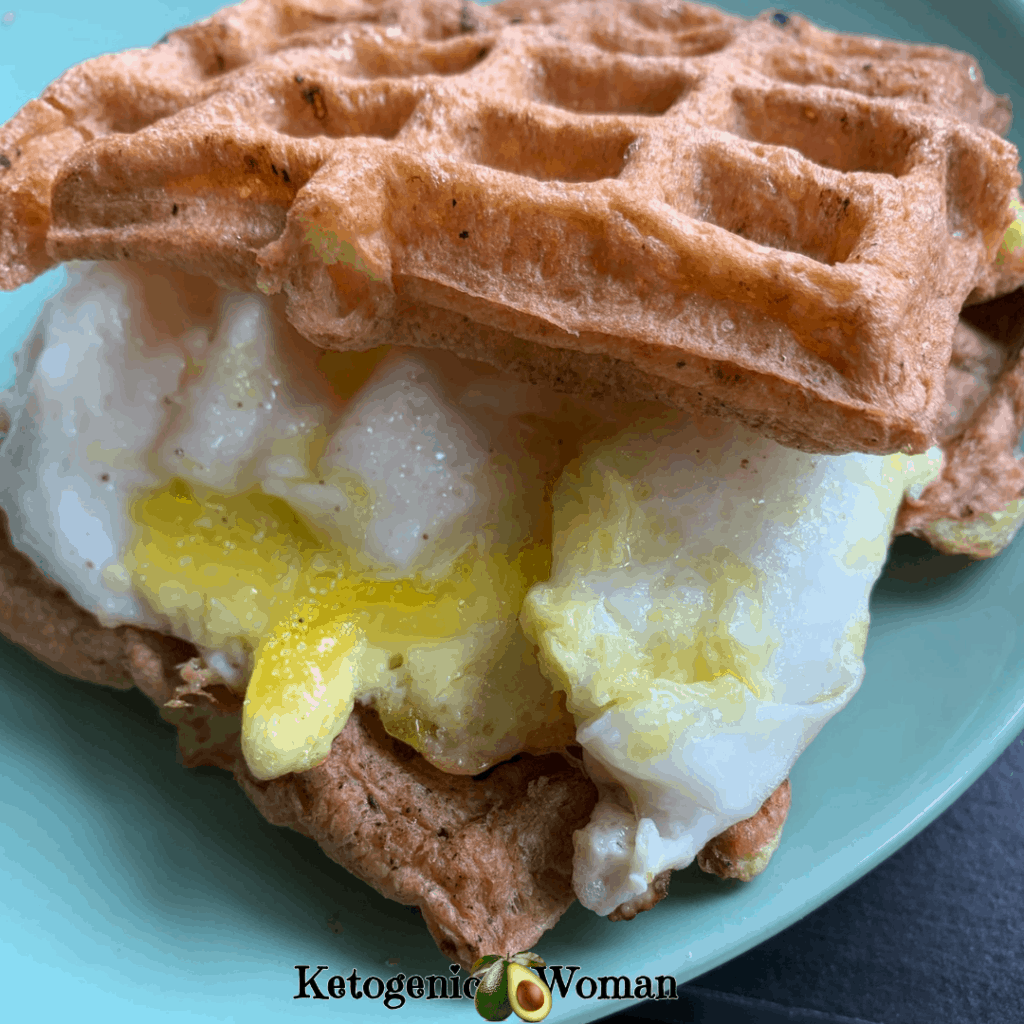 Waffles with Egg inside on blue plate