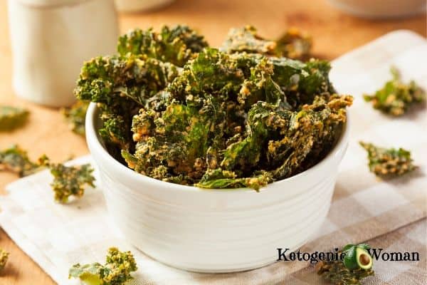 Cheesey Keto Kale Chips in white bowl