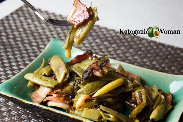 green beans and bacon on a blue dish