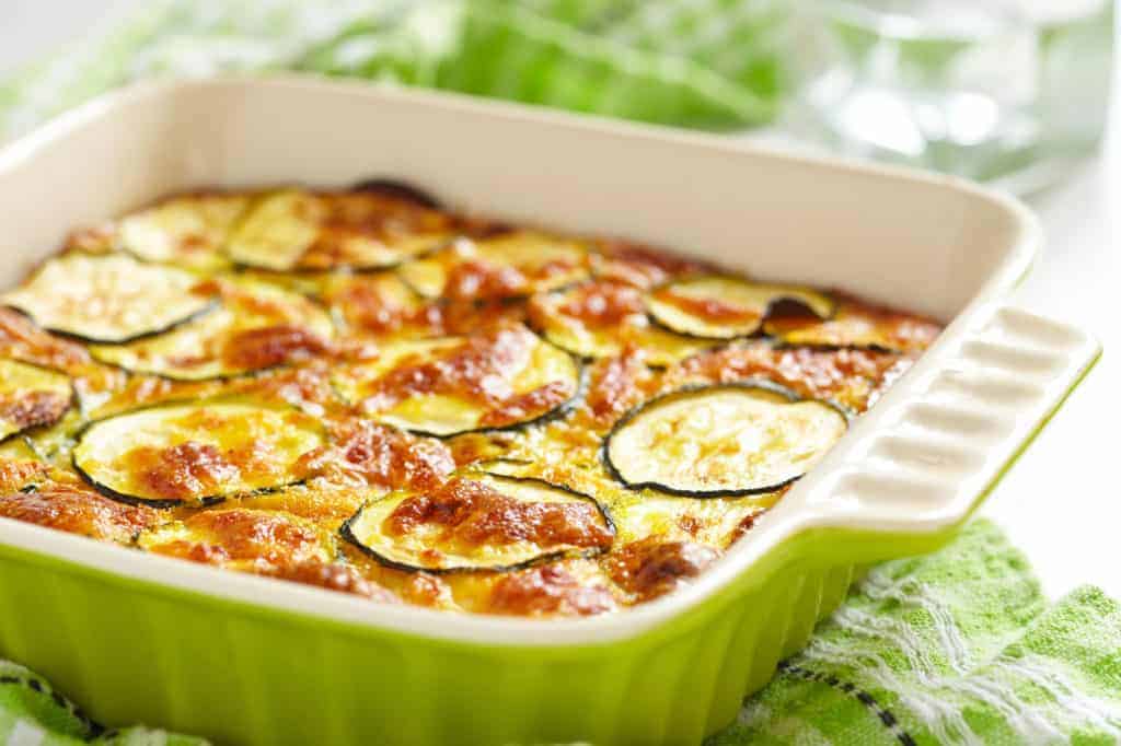 keto zucchini gratin in casserole dish