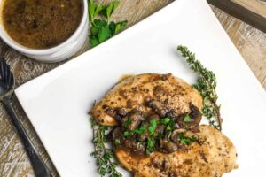 Keto Low Carb Instant Pot Chicken Breasts with Mushroom sauce and goat cheese recipe.