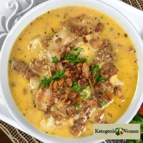 bowl of keto cheeseburger soup topped with bacon