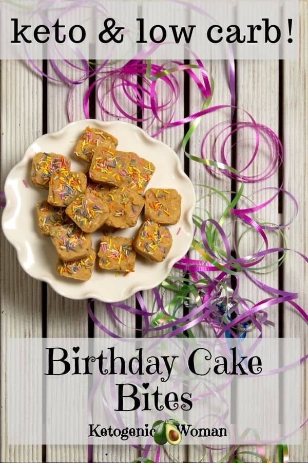 Birthday Cake Bites on plate with ribbons