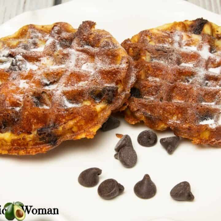 2 chocolate chip chaffles on white plate