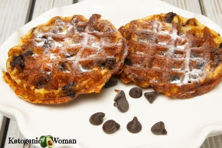 2 chocolate chip chaffles on white plate