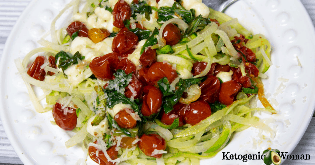 Keto Caprese Veggies Pasta on white plate