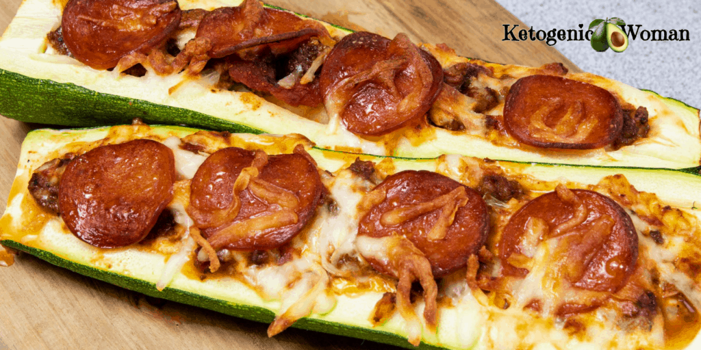 Keto zucchini pizza boats on wooden board