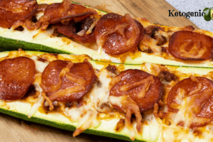 Keto zucchini pizza boats on wooden board