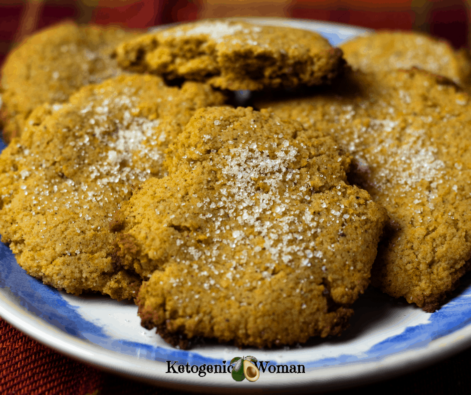 Keto Pumpkin Spice Cookies dusted with sugar on plate