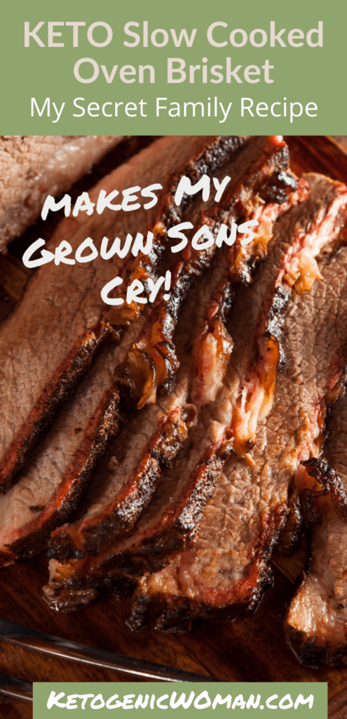 Pinterest pin showing closeup of brisket slices