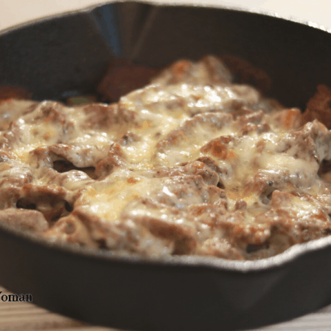 philly cheesesteak in cast iron skillet