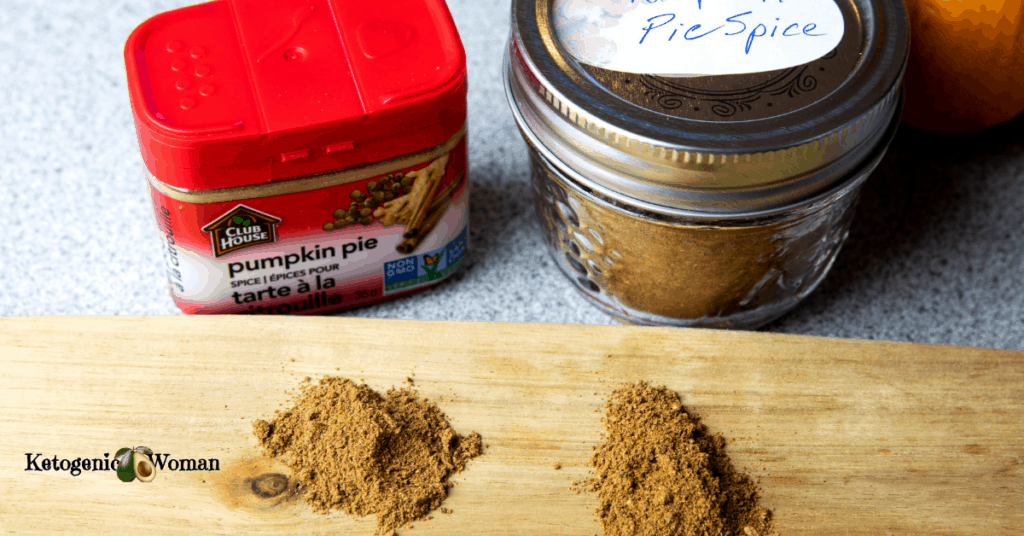 jar of homemade pumpkin pie spice mix next to jar of store bought spice