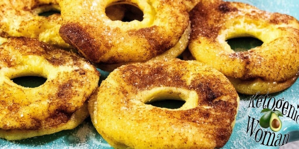 Egg Fast Cinnamon Donuts on Blue plate