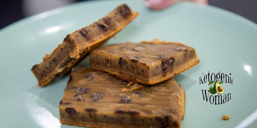 keto protein powder cookie bars on blue plate
