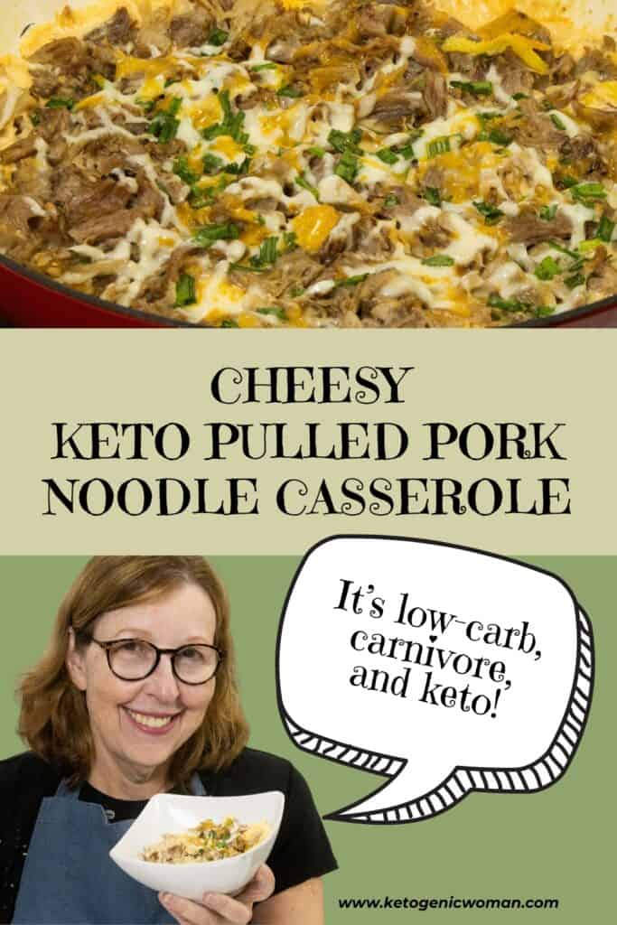 keto pulled pork casserole with Anita saying "It's low carb, keto, and carnivore!"