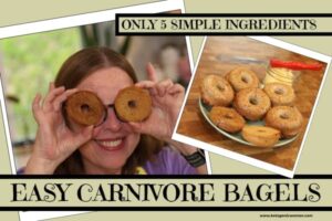 Holding up keto carnivore low carb bagels in front of eyes and smiling. Another imageo of seven meat bagels on a plate.